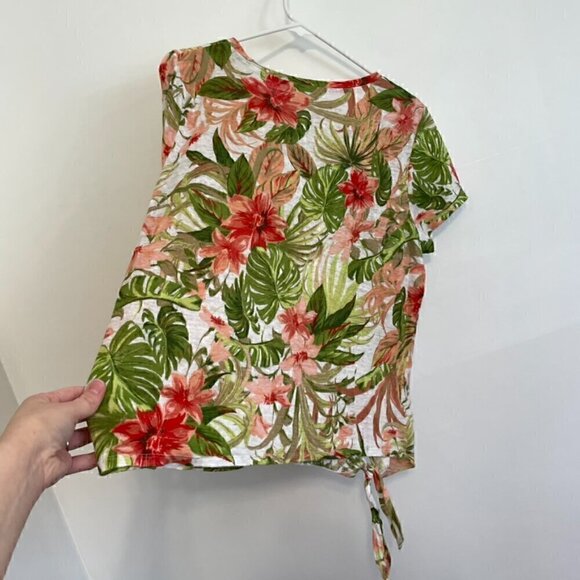 J. JILL Love Linen Tropical Floral Tie Front Tee White Green Short Sleeve Blouse - Picture 12 of 14